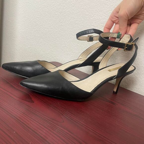 Louise et Cie Black Leather Kota Ankle Strap Pointed Toe Kitten Heel Pumps 11 - Picture 3 of 6